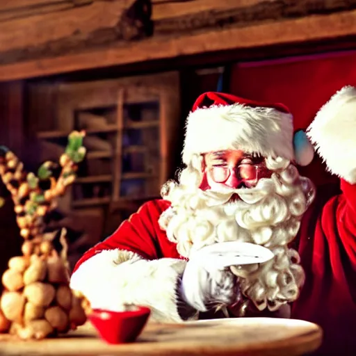 Prompt: santa clause sniffing flour off the table