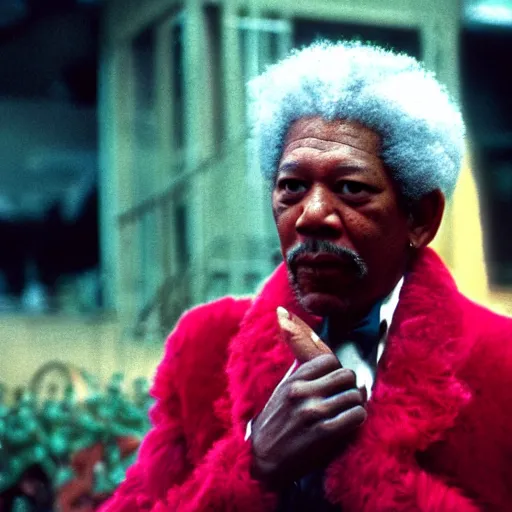Prompt: a film still of Morgan Freeman dressed as a Pimp in a 1970s Blaxploitation film, 40mm lens, shallow depth of field, split lighting, cinematic