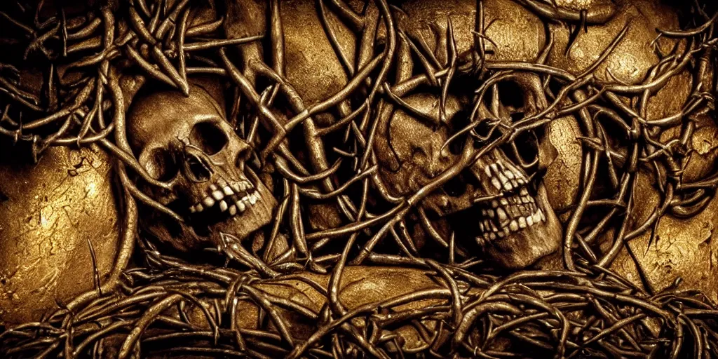 Image similar to a highly detailed realistic photographic render of corpses worshipping a skull statue with crown of thorns made of gold in the style of billelis, billelis , creepy, cinematic lighting, cinematic scene, Volumetric lighting, Atmospheric scene, Dark, Horror, Atmospheric lighting, Global illumination, realistic, photo realism, hyper realistic, hyper realism, photo realisitc, cinematic render, film, beautifully lit, ray traced, octane 3D render, octane render, unreal engine