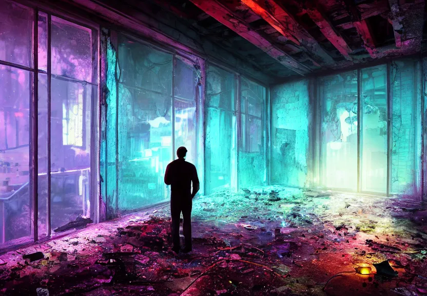 Prompt: a sad man in the center of the room looks out the magic window behind which is the old ruined city, toxic colorful slime and debris pouring from the ceiling in a large gothic cracked steampunk room spilling over the transparent floor and splashing large glowing luminescent neon drops, field - blur, floodlight, argand lamp, 4 k