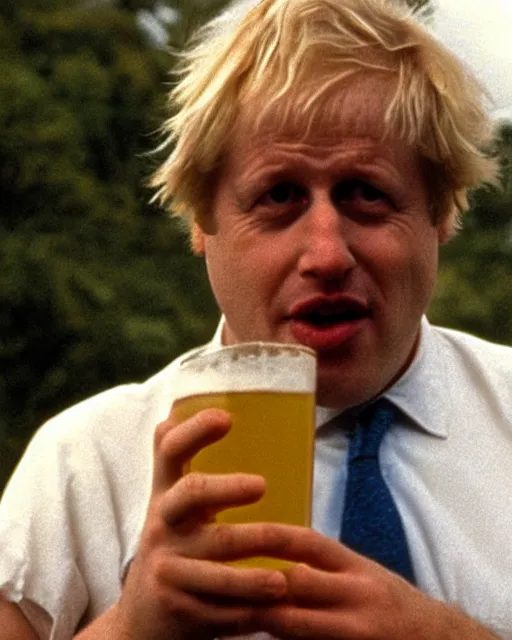 Prompt: film still close - up shot of boris johnson drinking a beer on the beach from the movie monty python's the meaning of life. photographic, photography