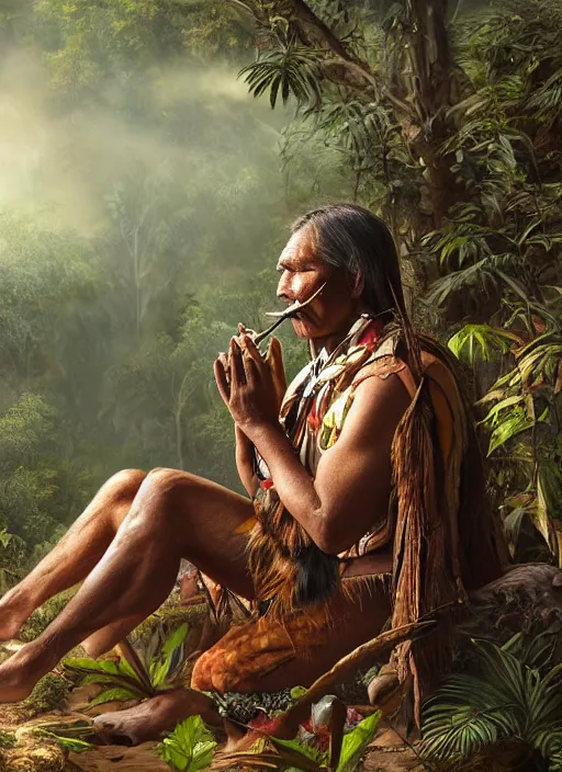 Prompt: a beautiful portrait of an indigenous man sitting in the jungle, surrounded by smoke, smoking a pipe, praying with tobacco, mysterious atmosphere, fantasy art, matte painting, highly detailed