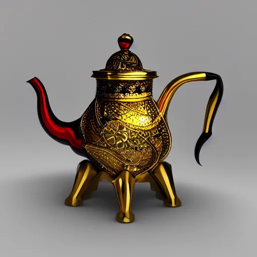 Image similar to 3d render enamel porcellaine teapot on top of an octopus, gold filigree, shiny, photo realistic, vivid displayed on a wood curio cabinet