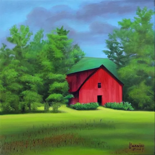 Image similar to farmhouse in the woods painted by jerry smith, acrylic painting