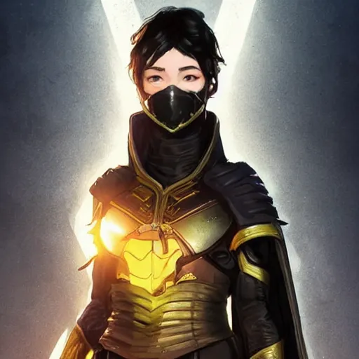 Prompt: cassandra cain in destiny hunter armor, wearing a hooded cloak, beautiful face!!!!, overlooking the last city on earth, solo, 2 7 years old, cg animation, realistic, character select portrait, by artgerm, greg rutkowski, alphonse mucha, 3 d