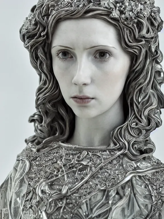 Image similar to a dramatically lit art nouveau white marble and silver portrait sculpture of a very young karen gillan as joan of arc, delicate, intricate, smooth, beautiful, glowing, by charles van der stappen