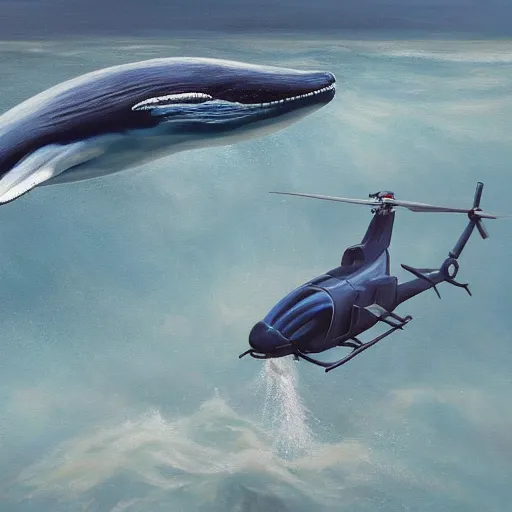 Prompt: an modern hyperrealistic painting of helicopters flying underwater around a big whale