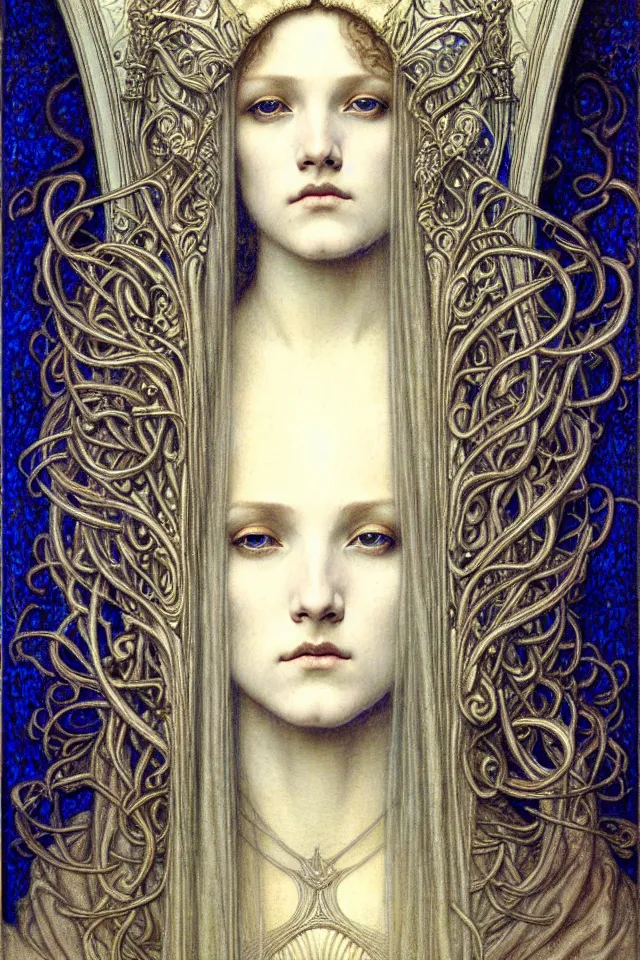 Image similar to detailed realistic beautiful young medieval queen face portrait by jean delville, gustave dore and marco mazzoni, art nouveau, symbolist, visionary, gothic, pre - raphaelite. horizontal symmetry