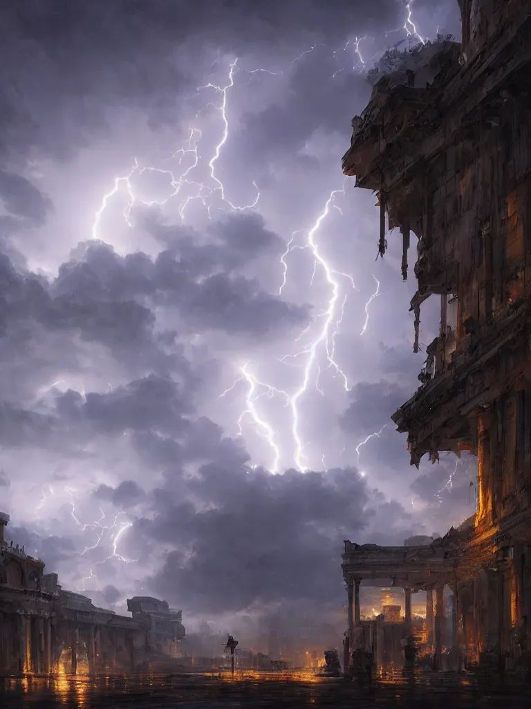 Image similar to epic scenery ancient city of troy under a sky full of lightning, intricate, elegant, volumetric lighting, digital painting, highly detailed, artstation, sharp focus, illustration, concept art, ruan jia, steve mccurry