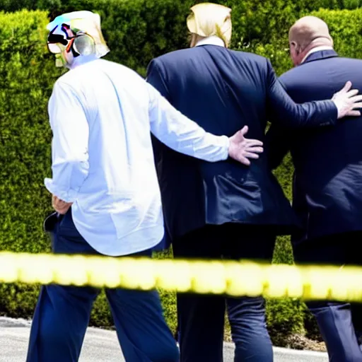 Image similar to Donald Trump in handcuffs escorted by two FBI agents at Mar-a-lago, photo, low angle