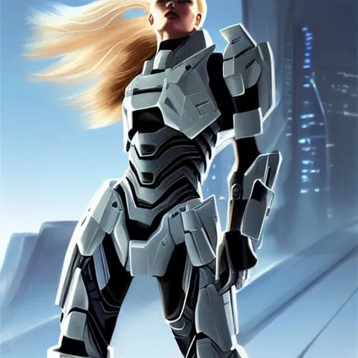 Image similar to A combination of Adriana Dxim's and Grace Kelly's and Ashley Greene's appearances with blonde hair wearing Forerunner armor from Halo, high tech, action shot, angular, full body portrait, futuristic, dramatic, fantasy, intricate, elegant, highly detailed, artstation, matte, sharp focus, 8K, art by Artgerm and Greg Rutkowski and Alphonse Mucha