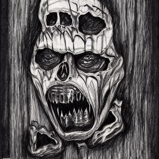 Image similar to a scary horror themed wooden shred drawn with charcoal and pen and ink, half-tone-line-stacking