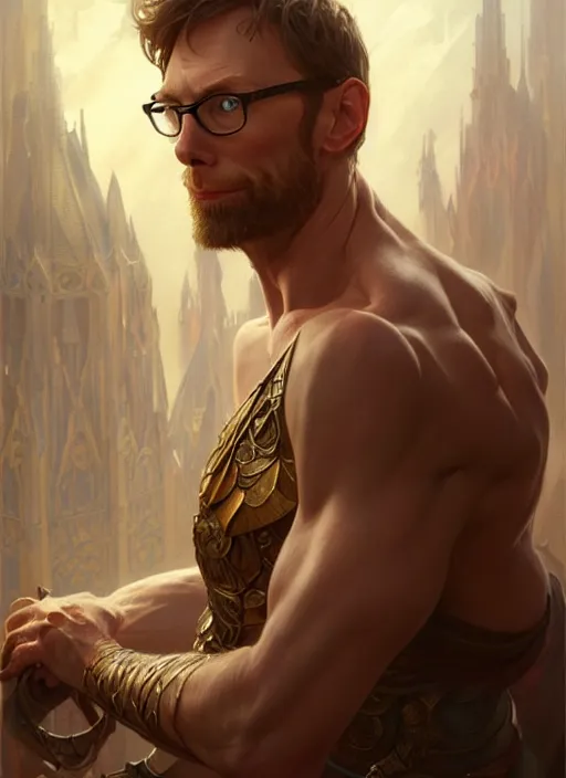 Image similar to portrait of stephen merchant, d & d, muscular! fantasy, intricate, elegant, highly detailed, digital painting, artstation, concept art, smooth, sharp focus, illustration, art by artgerm and greg rutkowski and alphonse mucha