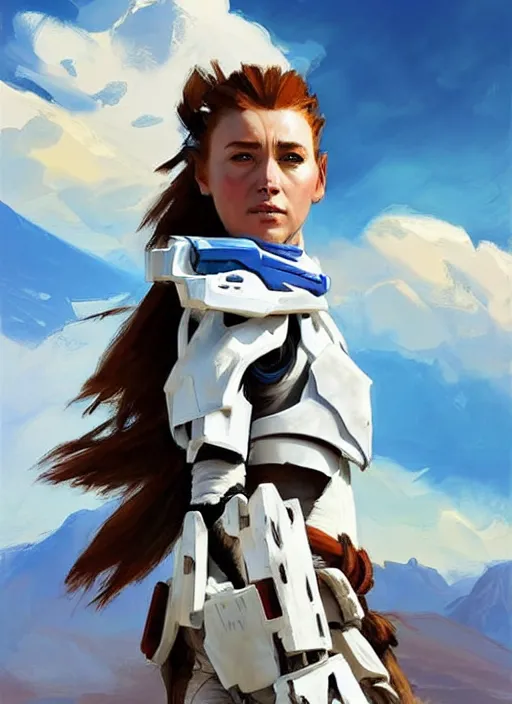 Image similar to portrait of a caucasian Aloy from Horizon Zero Dawn in white clothes Stormtrooper armor, desert, calm, fantasy character portrait, dynamic pose, above view, sunny day, clouds in the sky, artwork by Jeremy Lipkin and Giuseppe Dangelico Pino and Michael Garmash and Rob Rey and Greg Manchess, very coherent asymmetrical artwork, sharp edges, perfect face, simple form, 100mm