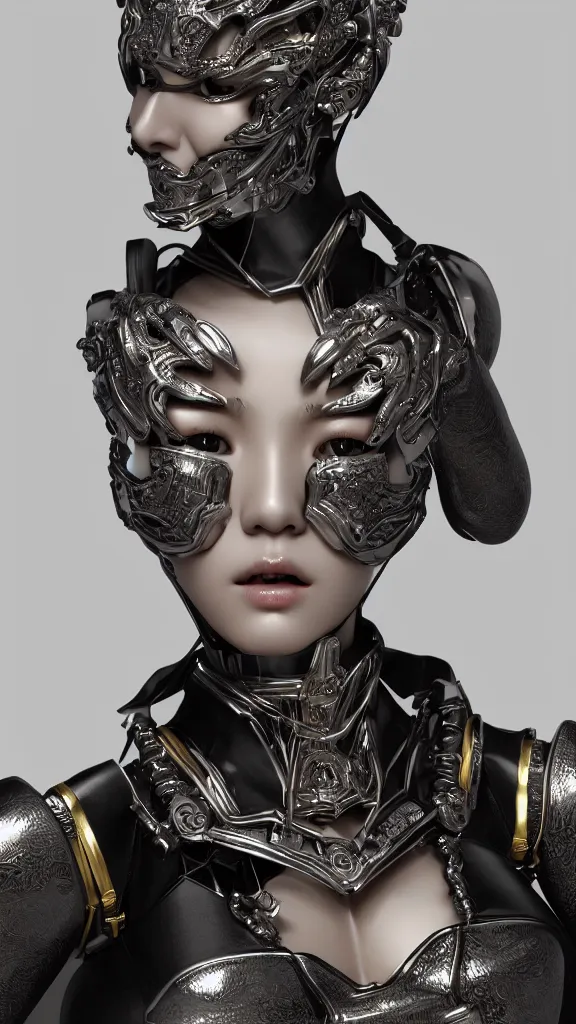 Prompt: korean female model face with silver mechanical exoskeleton body made of carbon fibre, ornate patterns and details, dynamic pose, mechanical part, glowing components, gold trimmings, bust, hyperdetailed, octane render, kpop