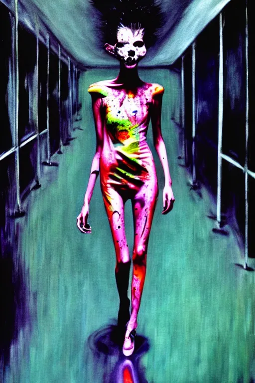 Image similar to crazy fashion catwalk, one model, crazy clothes, biopunk style, horror, clothes look like slime, hauntingly surreal, highly detailed painting by francis bacon, edward hopper, adrian ghenie, gerhard richter, and james jean soft light 4 k,