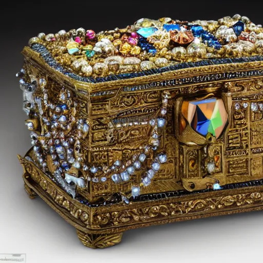 Image similar to A Ayleid chest filled with jewels and golden artefacts, 4k, hdri, museum quality photo