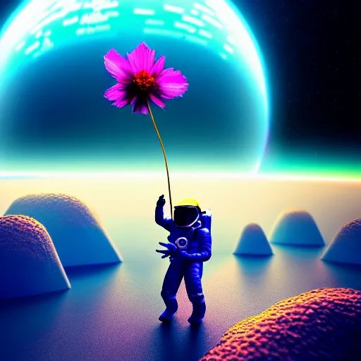 Image similar to astronaut finding a flower on an alien planet with mountains, water, strange clouds, hyper realistic, dramatic lightning, ray tracing, high resolution photo, cinematic 8 k