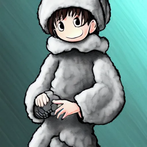 Prompt: little boy wearing sheep suit. white, gray, blue, green and brown pallet color. made in abyss art style, cute detailed artwork