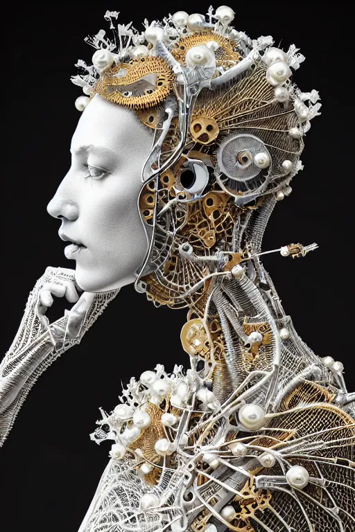 Prompt: complex , fascinating biomechanical cyborg with a delicate fragile porcelain profile face, analog, 150 mm lens, beautiful natural soft rim light, big leaves and stems, roots, fine foliage lace, silver dechroic details, massai warrior, Alexander Mcqueen high fashion haute couture, pearl earring, art nouveau fashion embroidered, steampunk, intricate details, mesh wire, mandelbrot fractal, anatomical, facial muscles, cable wires, microchip, elegant, hyper realistic, ultra detailed, octane render, H.R. Giger style, volumetric lighting, 8k post-production