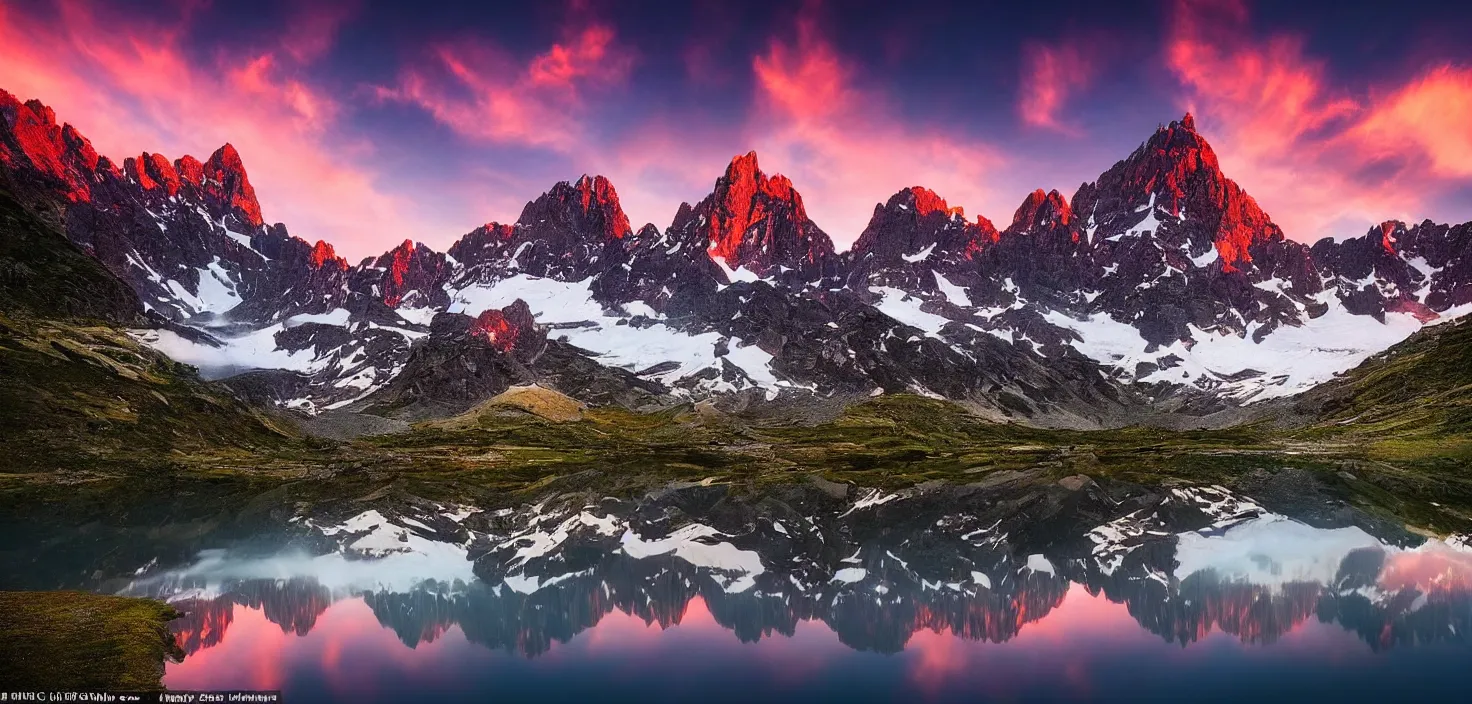 Image similar to amazing landscape photo of mountains with lake in sunset by marc adamus, beautiful dramatic lighting