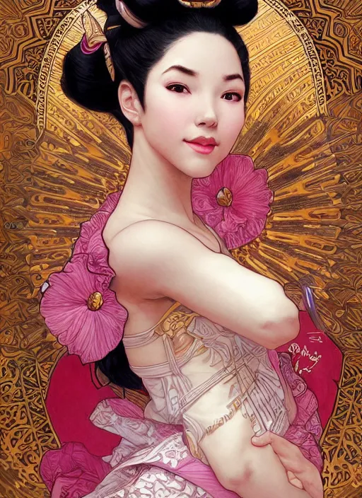 Image similar to ultra realistic illustration, smiling nubian geisha prima ballerina, sci - fi, fantasy, symmetrical face, intricate, elegant, highly detailed, digital painting, artstation, concept art, smooth, sharp focus, illustration, art by artgerm and alphonse mucha