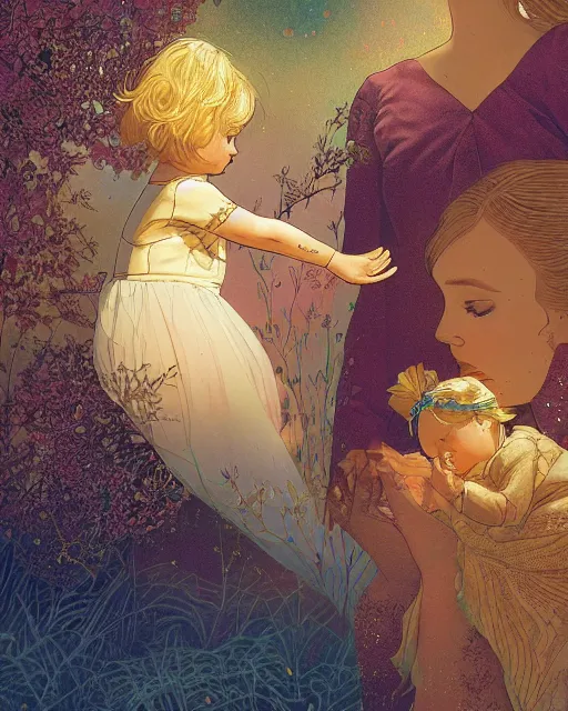 Prompt: a beautiful maiden caressing a baby girl with golden hair, close up, digital art, illustrated by james gurney and victo ngai