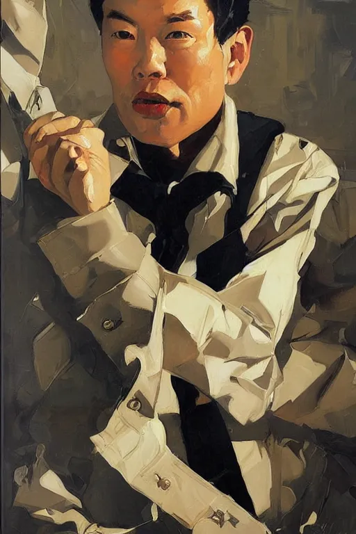 Image similar to waymond wang, painting by jc leyendecker!! phil hale!, angular, brush strokes, painterly, vintage, crisp