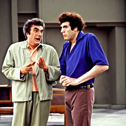 Prompt: columbo and cosmo kramer discussing the finer things of life