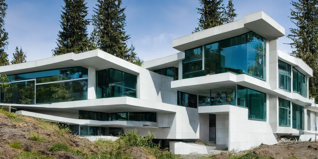 Prompt: large futuristic modern residence, white concrete, large windows, blue pipes, black and green metal, triangular features, Washington State