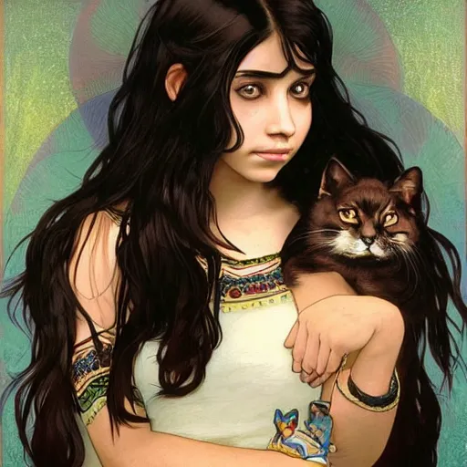 Prompt: emo mexican girl and her cat, with long dark hair, thick eyebrows!!! deep dark big shiny eyes and dark circles!, wide nose!!!, oval face shape, big cheeks! by juan villafuerte, greg rutkowski and alphonse mucha, pexels contest winner, high quality photo, rtx, hd