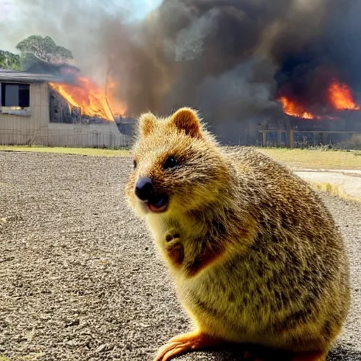 Image similar to a quokka laughing while a house is on fire in the background