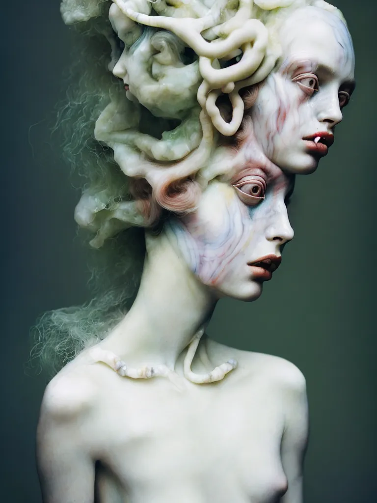 Image similar to cinestill 5 0 d photo portrait of a beautiful hybrid woman in style of tim walker by roberto ferri, weird marble body intricate detailed, hair is intricate gnarled marble, 5 0 mm lens, f 1. 4, sharp focus, ethereal, emotionally evoking, head in focus, bokeh volumetric lighting, tonal colors outdoor