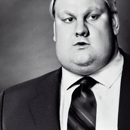 Image similar to photograph of a tall, angry, slightly obese man in his mid 7 0's, with blonde hair and an orange face, wearing a dark blue suit, a white shirt, and a red tie