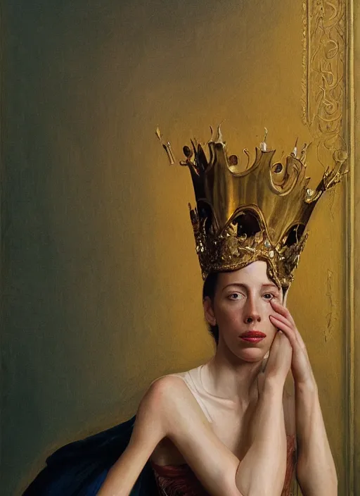 Image similar to rebecca hall portrait wearing golden metal crown by edward hopper and james gilleard, zdzislaw beksinski, highly detailed