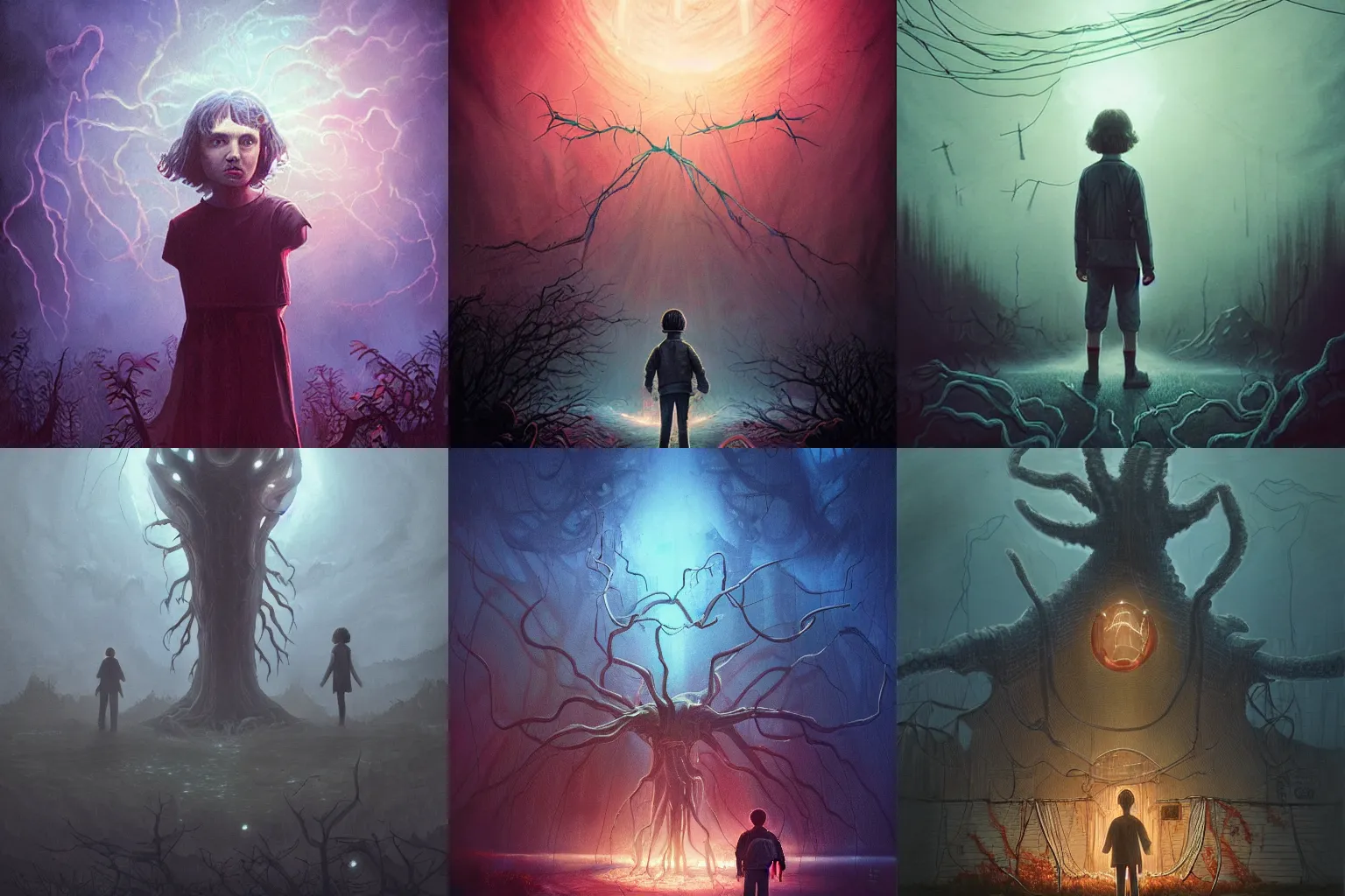 Prompt: Stranger Things, Eleven standing in front of the gargantuan Mind Flayer from Stranger Things, stunning atmosphere, spidermade out of a tornado, in Style of Peter Mohrbacher, moody night lighting