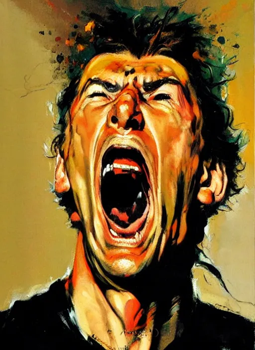 Prompt: 'kramer on stage screaming, enraged, painting by phil hale, 'action lines'!!!, graphic style, visible brushstrokes, motion blur, blurry