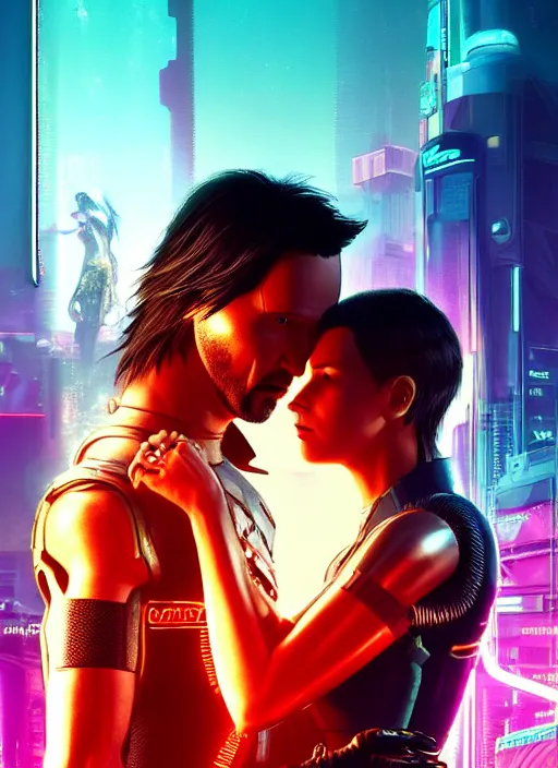 Prompt: a cyberpunk 2077 couple portrait of a Keanu Reeves as johnny silverhand and a female android in final kiss,love,fantasy, intricate, elegant,film lighting,artstation,deviantart,FAN ART,full of color,Digital painting,face enhance,highly detailed,8K,octane,golden ratio,cinematic lighting