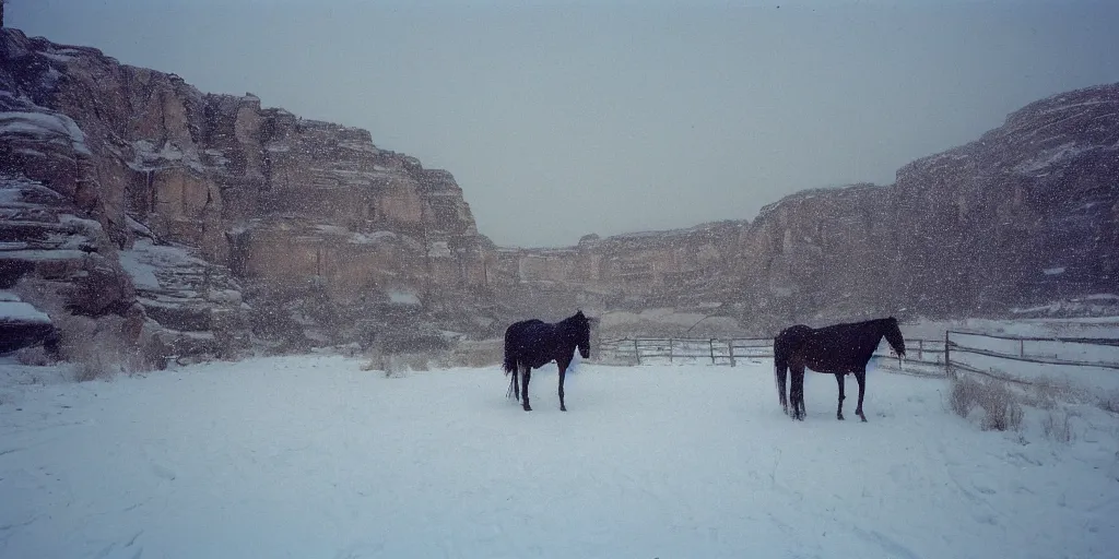 Image similar to photo of green river, wyoming, native american cliff dwellings, covered in ice and snow, during a snowstorm. a horse appears as a hazy silhouette in the distance. cold color temperature. blue hour morning light, snow storm. hazy atmosphere. humidity haze. kodak ektachrome, greenish expired film, award winning, low contrast.