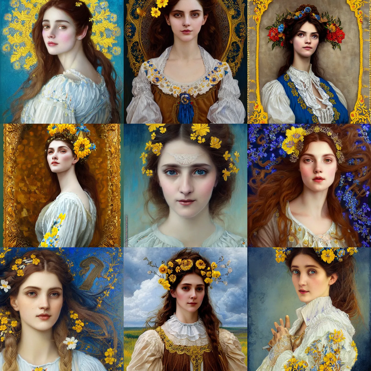 Prompt: brown haired lady in white embroidered shirt, ukrainian national costume, filigree crown with blue and yellow textile embroidery flowers, preraphaelite beautiful, playful smile, detailed portrait, intricate complexity, acryl painting in the style of charlie bowater, tom bagshaw, greg rutkowski