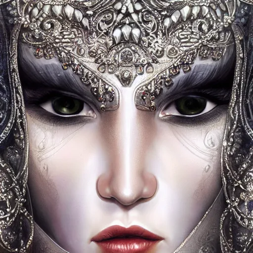 Prompt: a beautiful woman wearing a white niqab made of silver with jewelry and diamonds by karol bak, ayami kojima, arabian eyes, concept art, fantasy