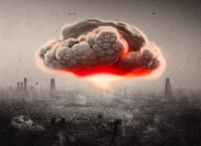 Image similar to soft drawing of a photorealistic life-like nuclear explosion with a mushroom cloud and shockwaves with dust and fog in the city. Centered. Horror dystopia style. Highly detailed 8k. Intricate. Nikon d850 300mm. Award winning photography.