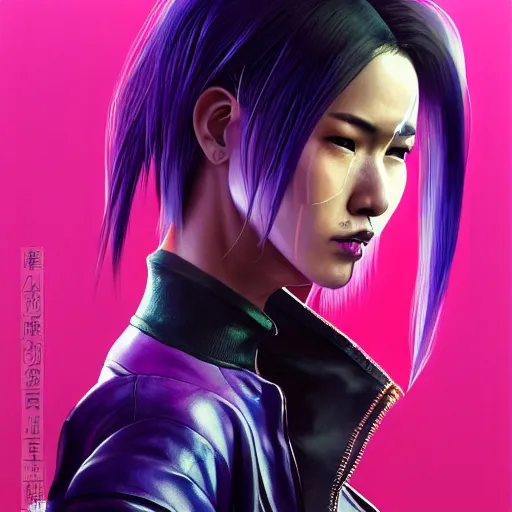 Image similar to Full body portrait of Japanese female, Cyberpunk 2077, cyborg neck, cybernetic neck implant, Wearing futuristic short violet leather jacket, intricate, elegant, highly detailed, digital painting, artstation, concept art, smooth, sharp focus, illustration, art by artgerm and greg rutkowski