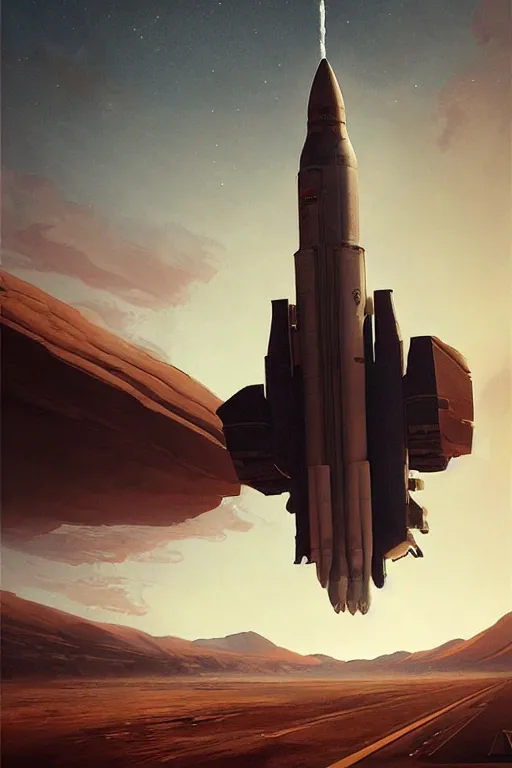 Prompt: poster artwork. distant rocket taking off. on the horizon. during golden hour. symmetry. washed out. desaturated. art by wlop, mars ravelo and greg rutkowski.