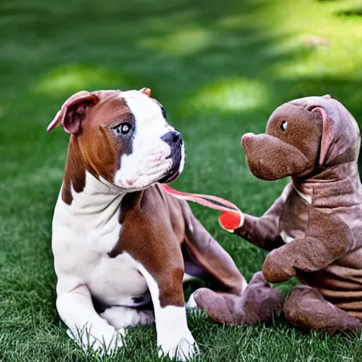 Prompt: pitbull boxer mix with brindle coat and white paws and white chest playing with a dinosaur plushie. photo. realistic. hyper realistic. outside photography. sunny day.