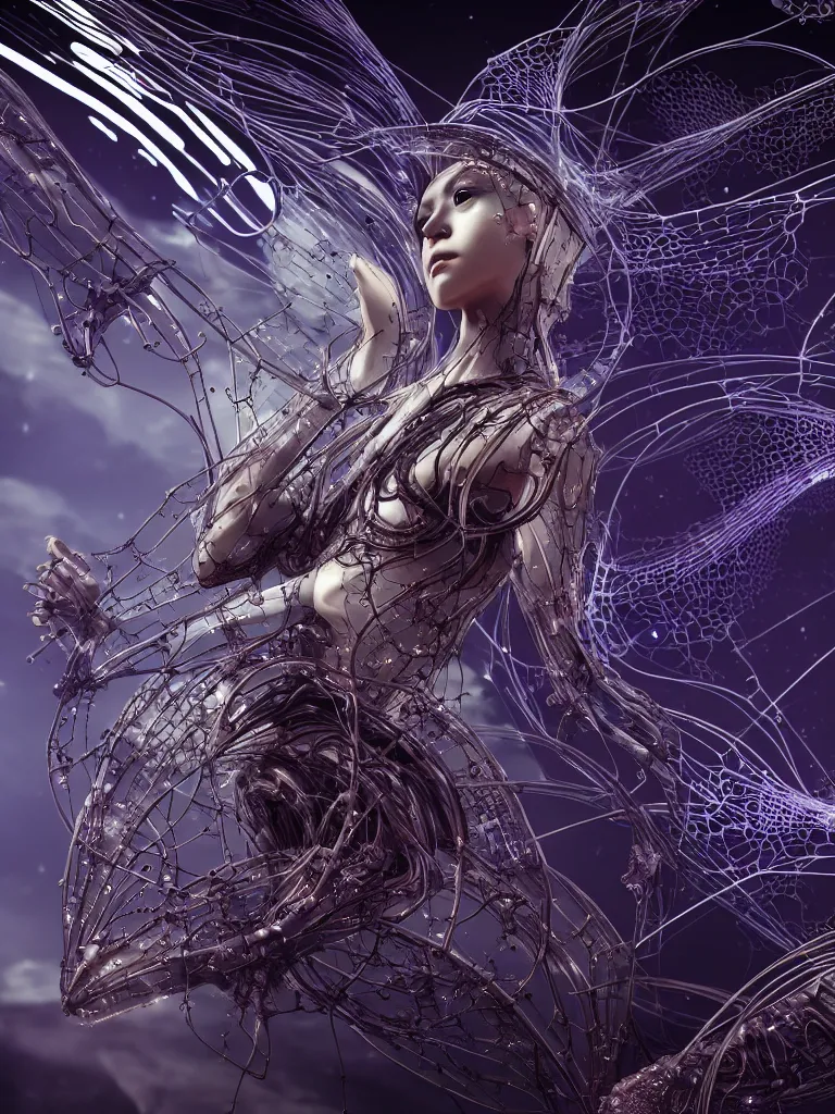 Image similar to futuristic biomech religious cult, ethereal and sublime, quantum deep magic, wings, wires and veins, ferrofluid, bismuth, city, unsettling, glowing eyes, tears, style blend of hideo kojima, shojo manga, mobius and botticelli, 4 k photorealistic, ultra fine inklines