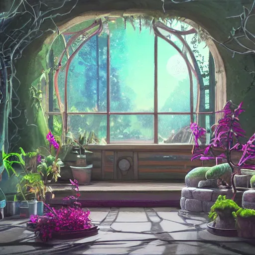 Image similar to concept art painting of a interior of a cozy alien fantasy cottage, with black vines and magenta houseplants, round windows, realistic, detailed, cel shaded, dark, in the style of makoto shinkai and greg rutkowski and james gurney