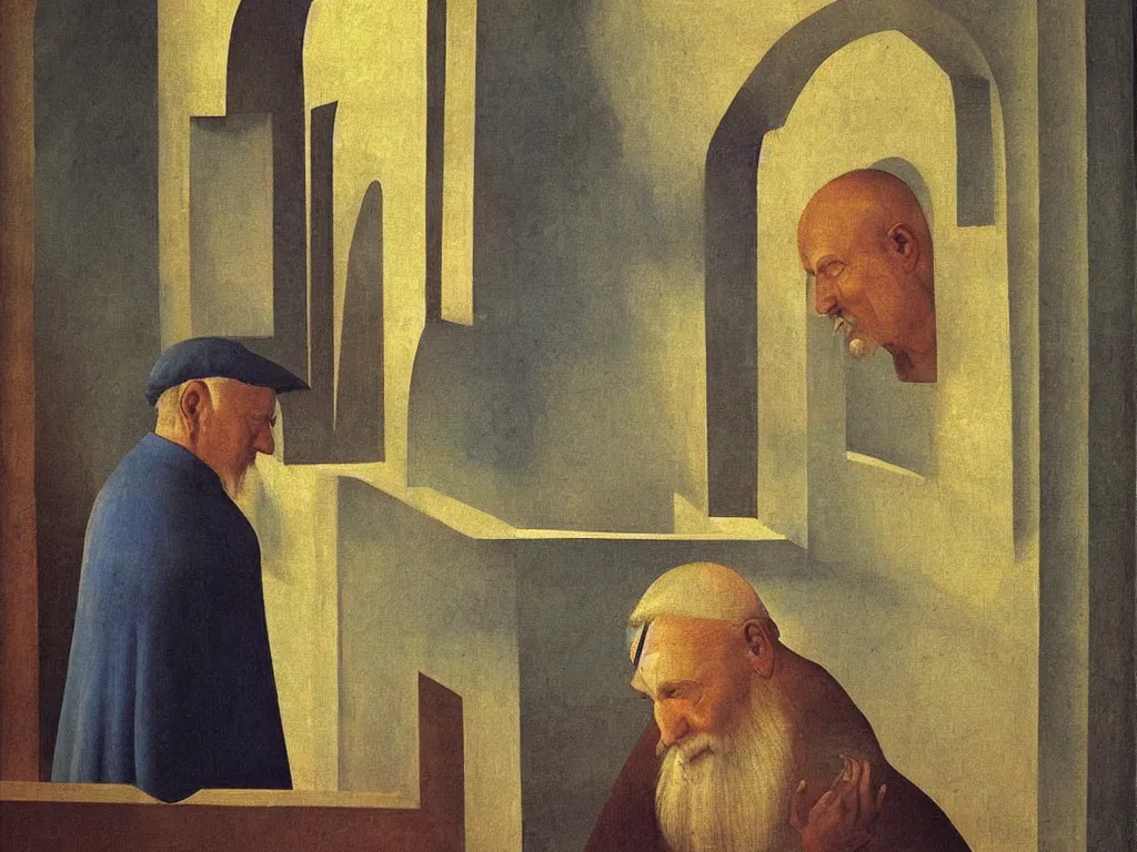 Image similar to old man looking out side the window. Painting by Fra Angelico.