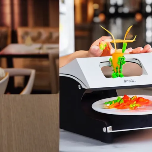 Image similar to machine that 3d prints fancy meals at restaurant table