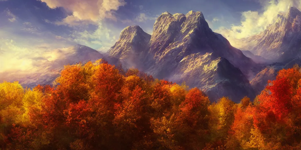 Image similar to peaceful clouds, mountain range, autumn, colorful leaves, epic, matte painting, concept art, 4k